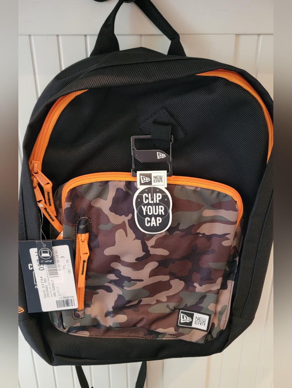 New Era Black & Camo Backpack with Orange Accents